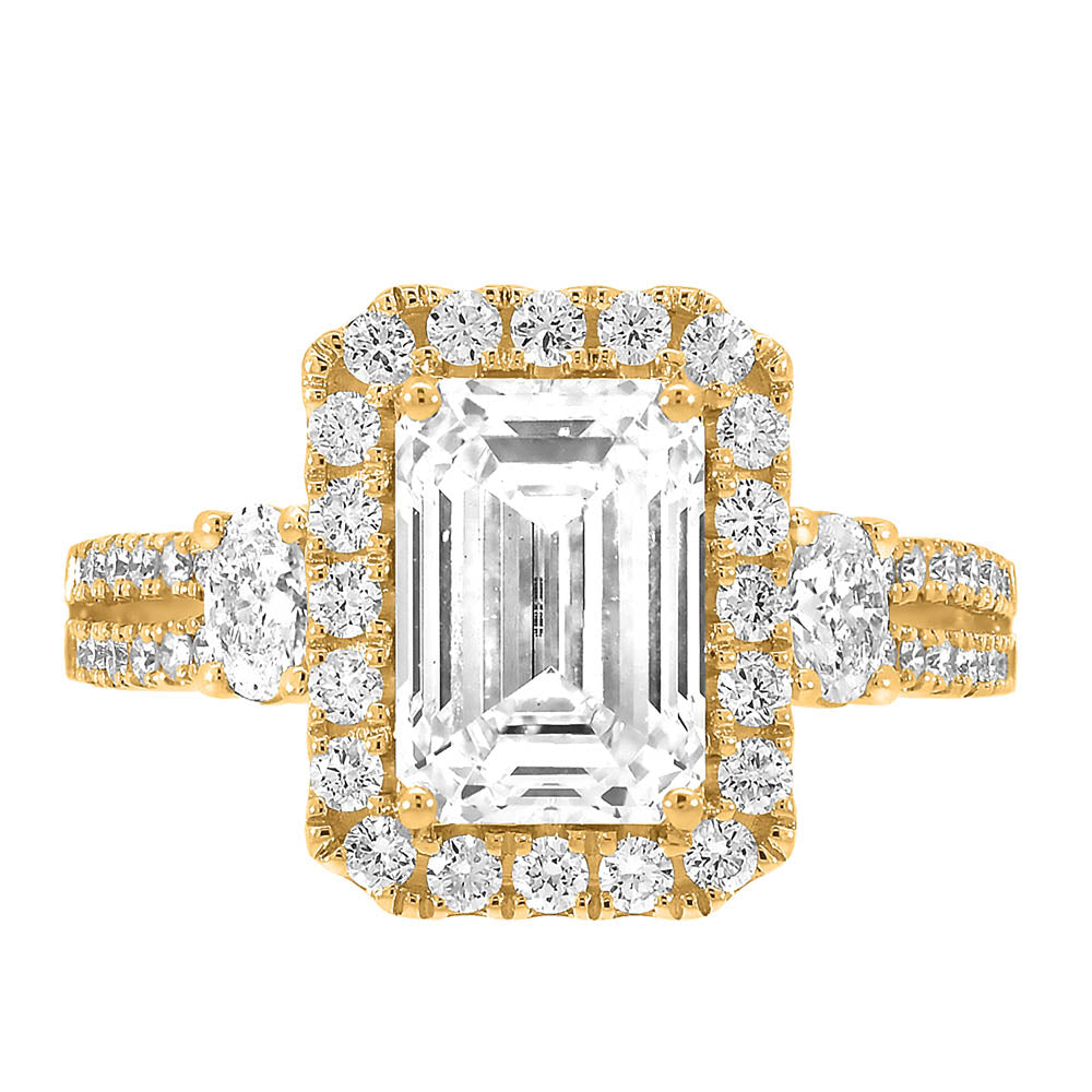 Emerald Cut Halo Engagement Ring with 3.40 Carat TW of Lab Created Diamonds in 14kt Yellow Gold