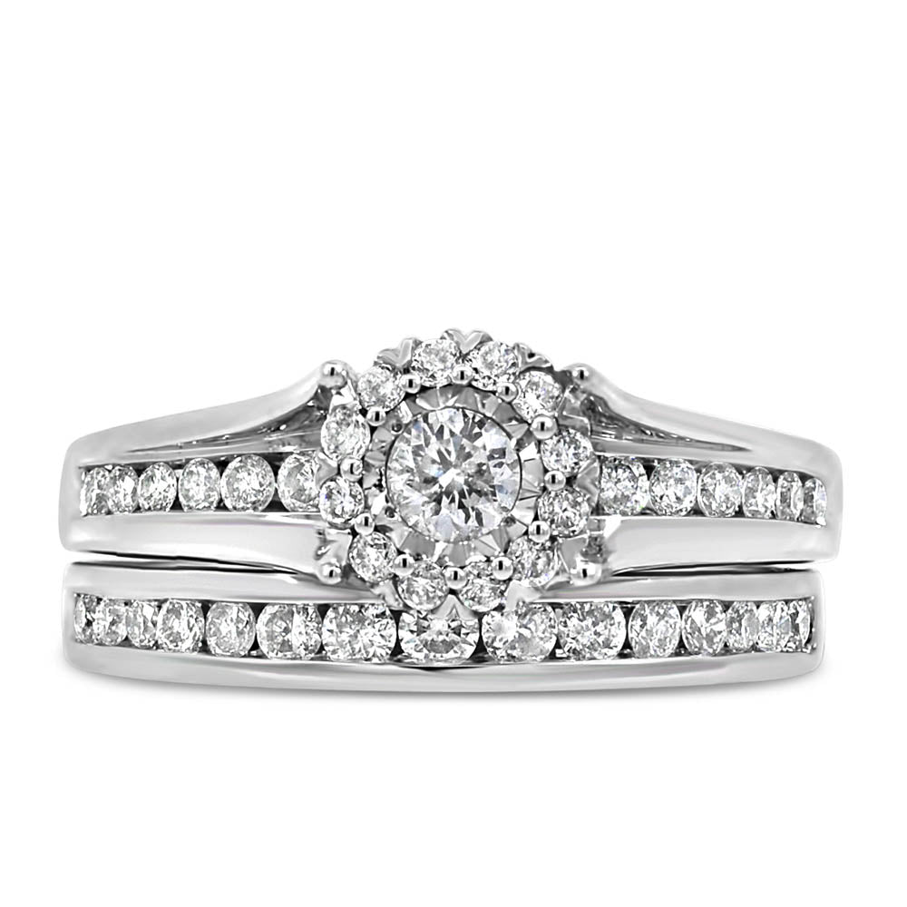 Halo Engagement Ring Set with .95 Carat TW of Diamonds in 14kt White Gold