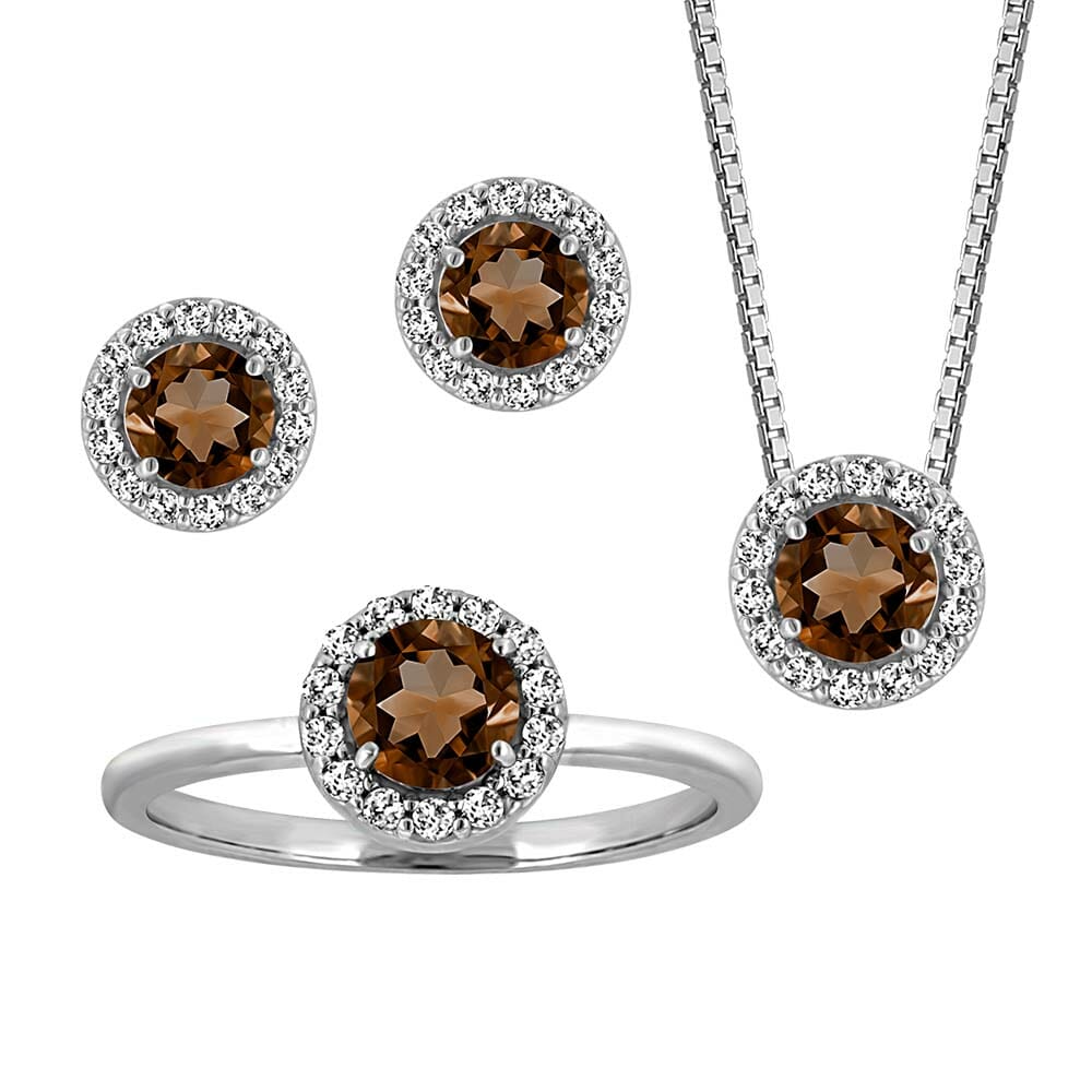 Birthstone Set Bundle with Genuine Smoky Quartz and Cubic Zirconia in Sterling Silver