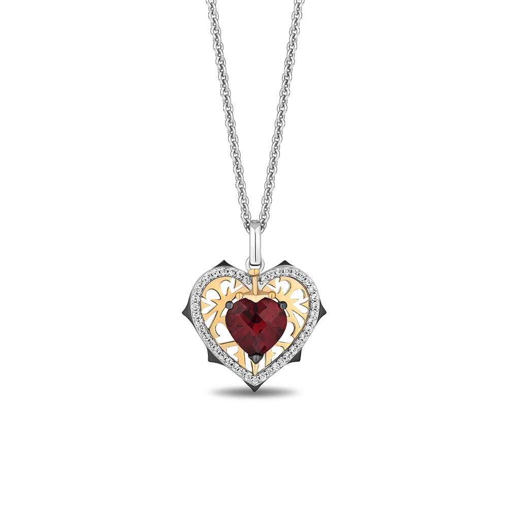 Enchanted Disney Snow White Heart Pendant with Garnet and .18 Carat TW of Diamonds in Gold Plated Sterling Silver with Chain