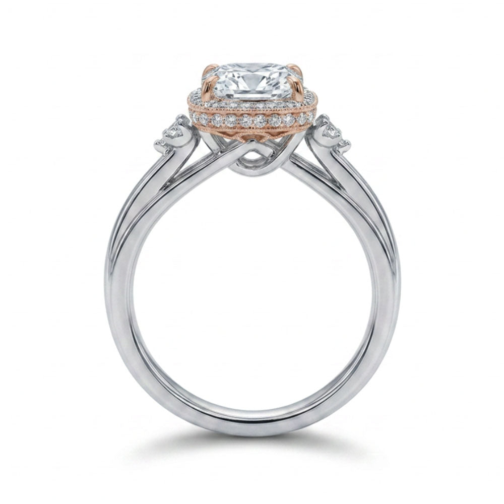 Cushion Cut Engagement Ring with 3.25 Carat TW of Lab Created Diamonds in 14kt White and Rose Gold
