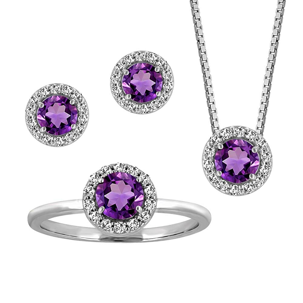 Birthstone Set Bundle with Genuine Amethyst and Cubic Zirconia in Sterling Silver