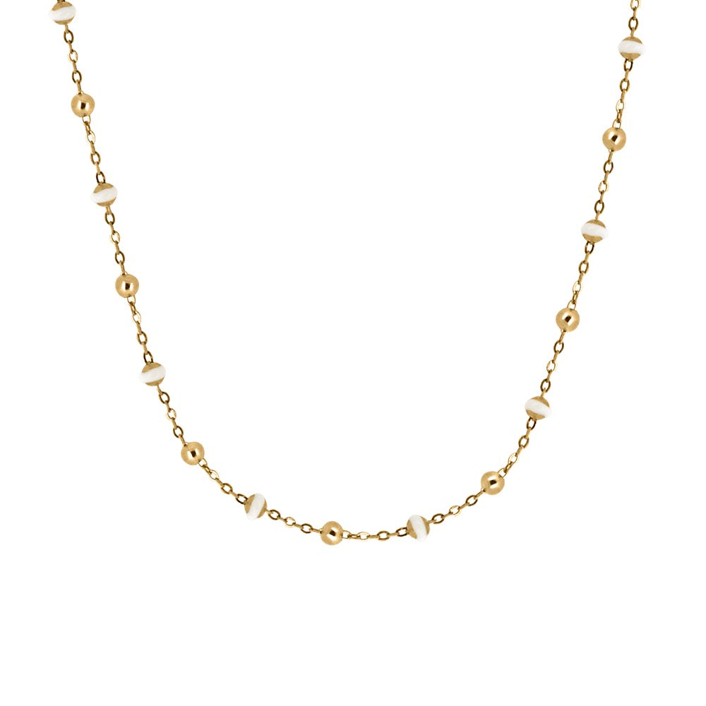 16"+2" Beaded Chain with White Enamel in 10kt Yellow Gold