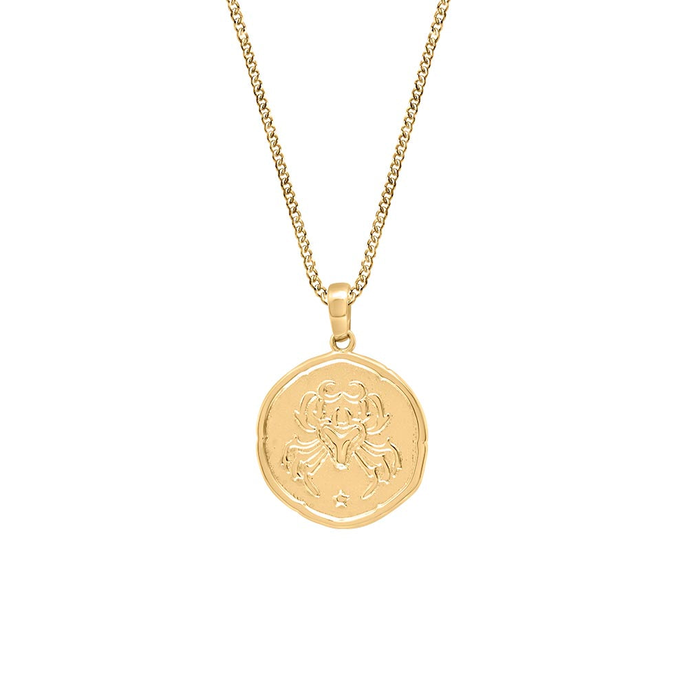 15MM Cancer Zodiac Disc Pendant in 10kt Yellow Gold with Chain