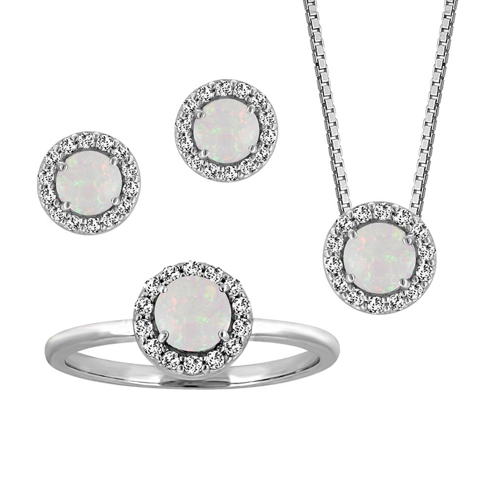 Birthstone Set Bundle with Genuine Opal and Cubic Zirconia in Sterling Silver