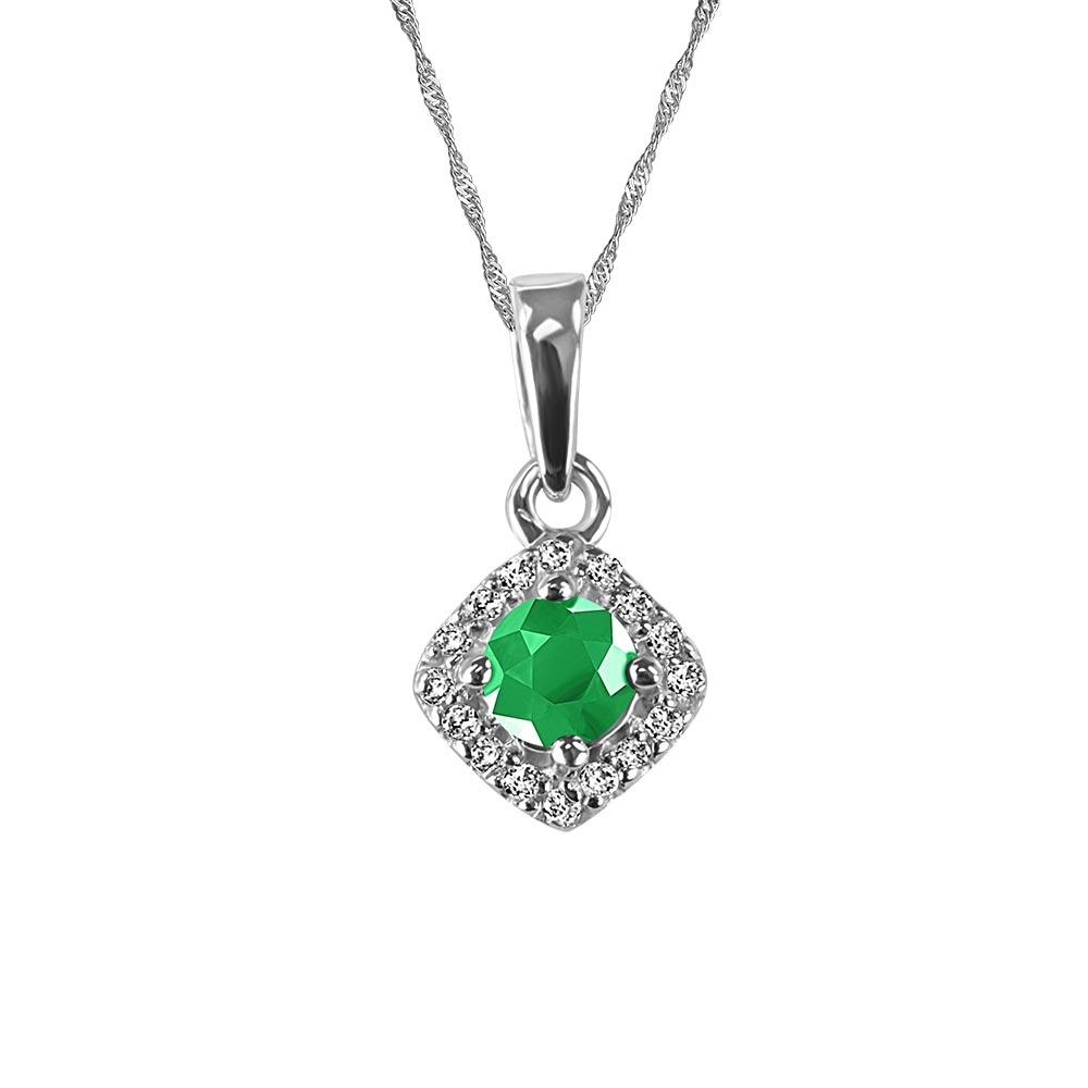 10KT White Gold Diamond And Emerald Pendant With Chain