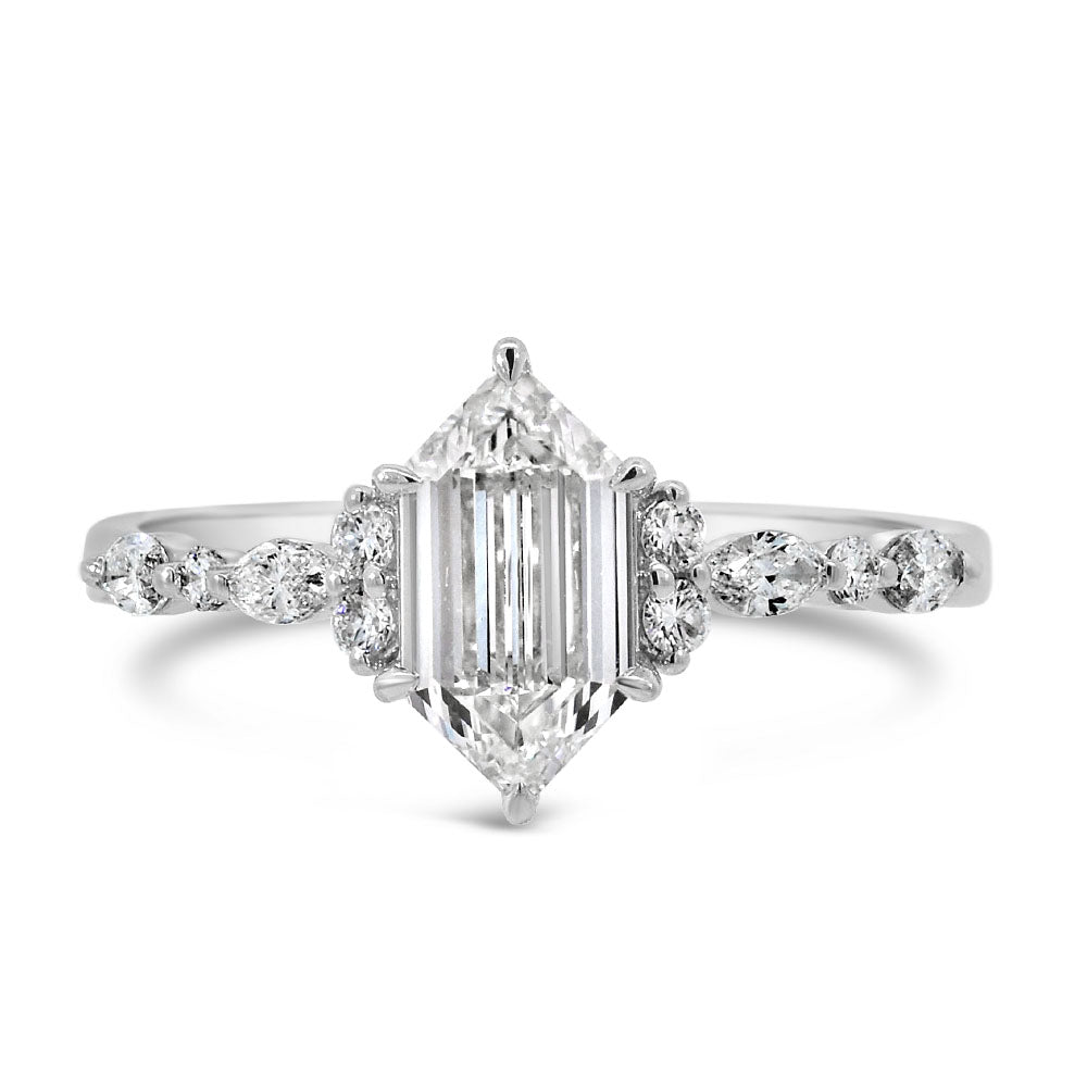 Elongated Hexagon Engagement Ring with 1.80 Carat TW of Lab Created Diamonds in 14kt White Gold
