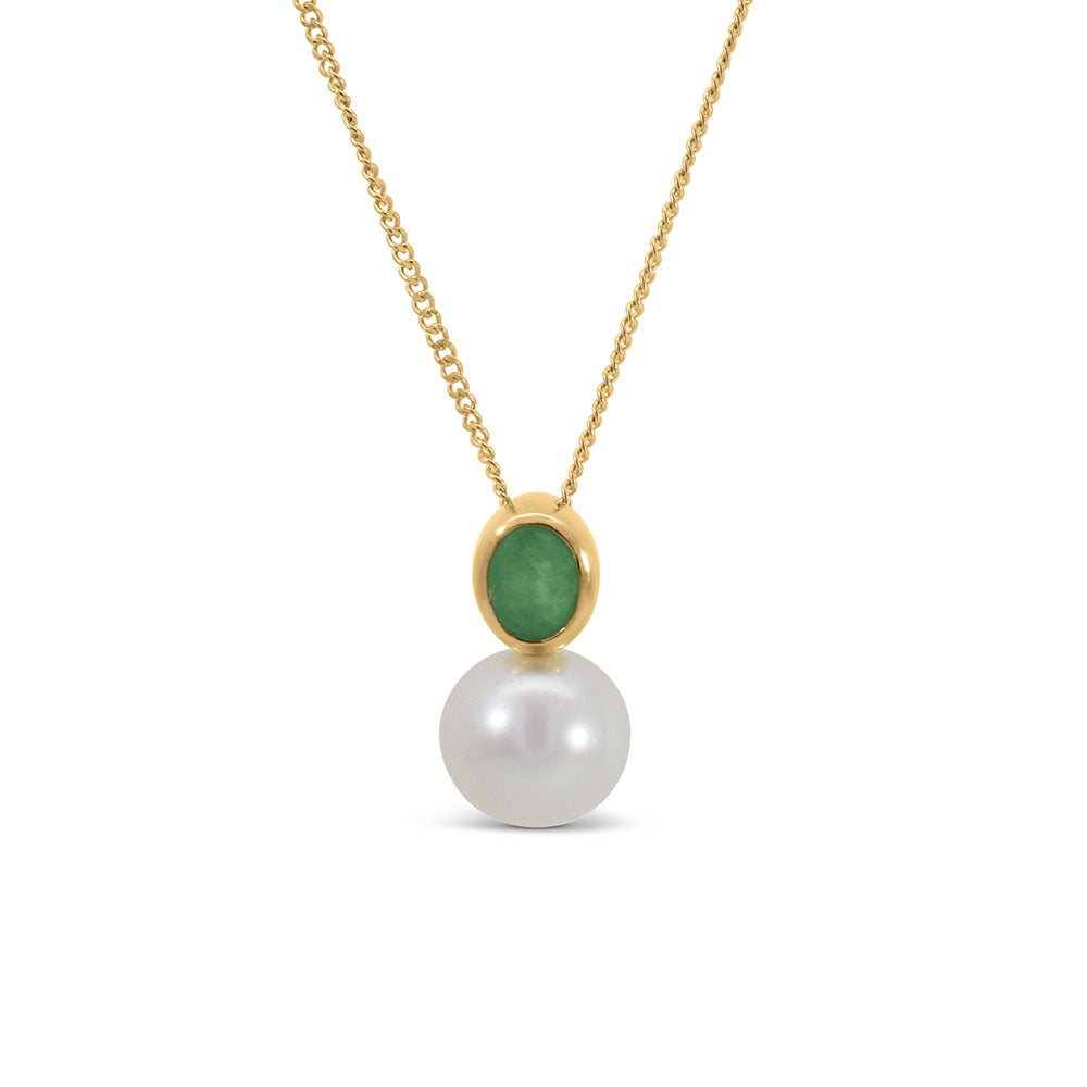 Pendant with 6.5mm Freshwater Pearl and Emerald in 10kt Yellow Gold with Chain