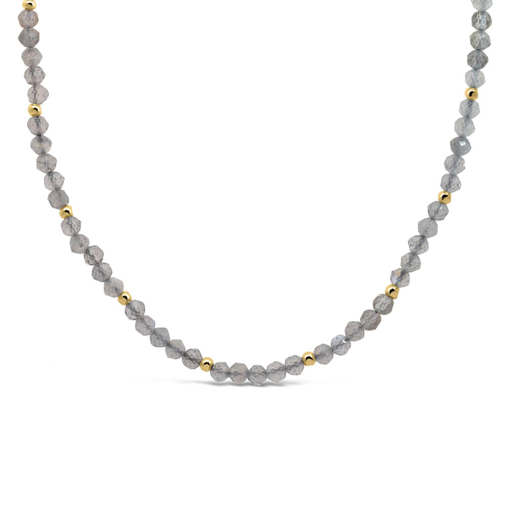 15"-18" 3MM Labradorite Beaded Necklace in Gold Plated Sterling Silver