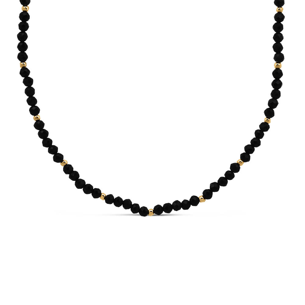 15"-18" 3MM Black Agate Beaded Necklace in Gold Plated Sterling Silver