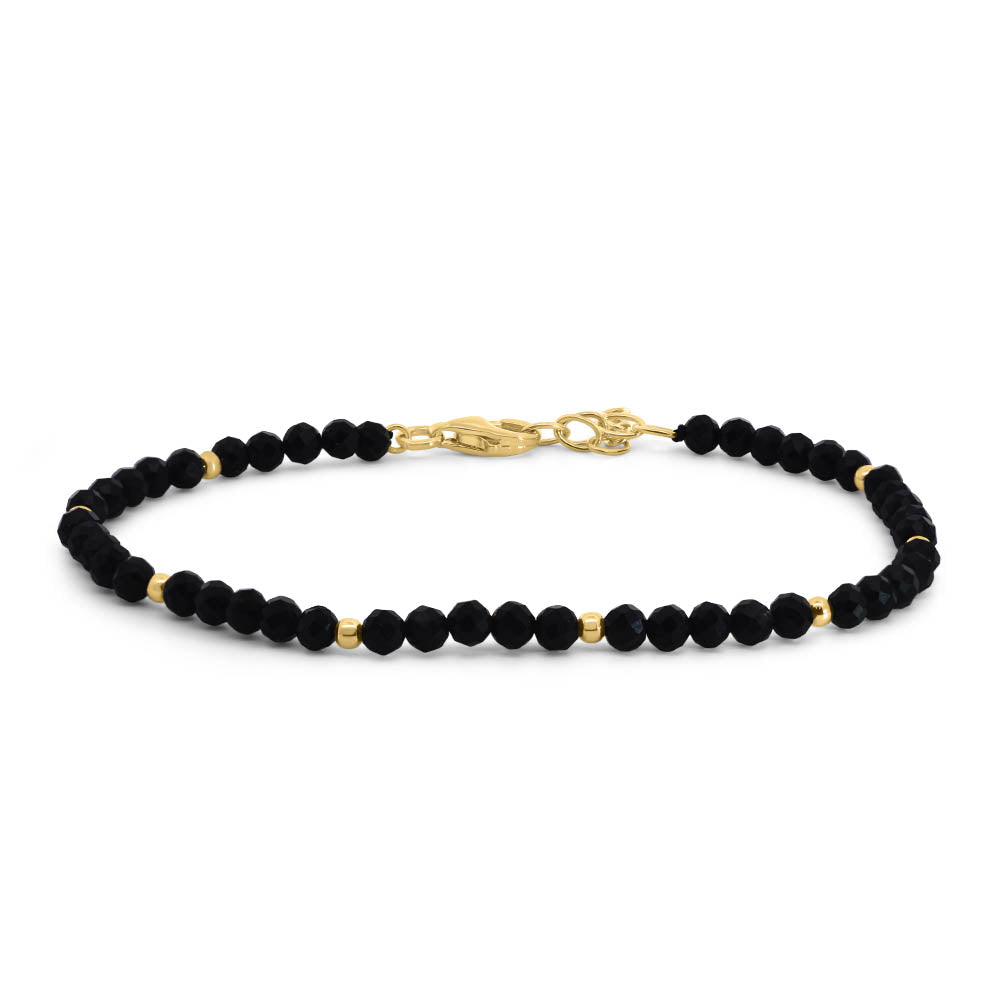 7.5" 3MM Black Agate Beaded Bracelet in Gold Plated Sterling Silver