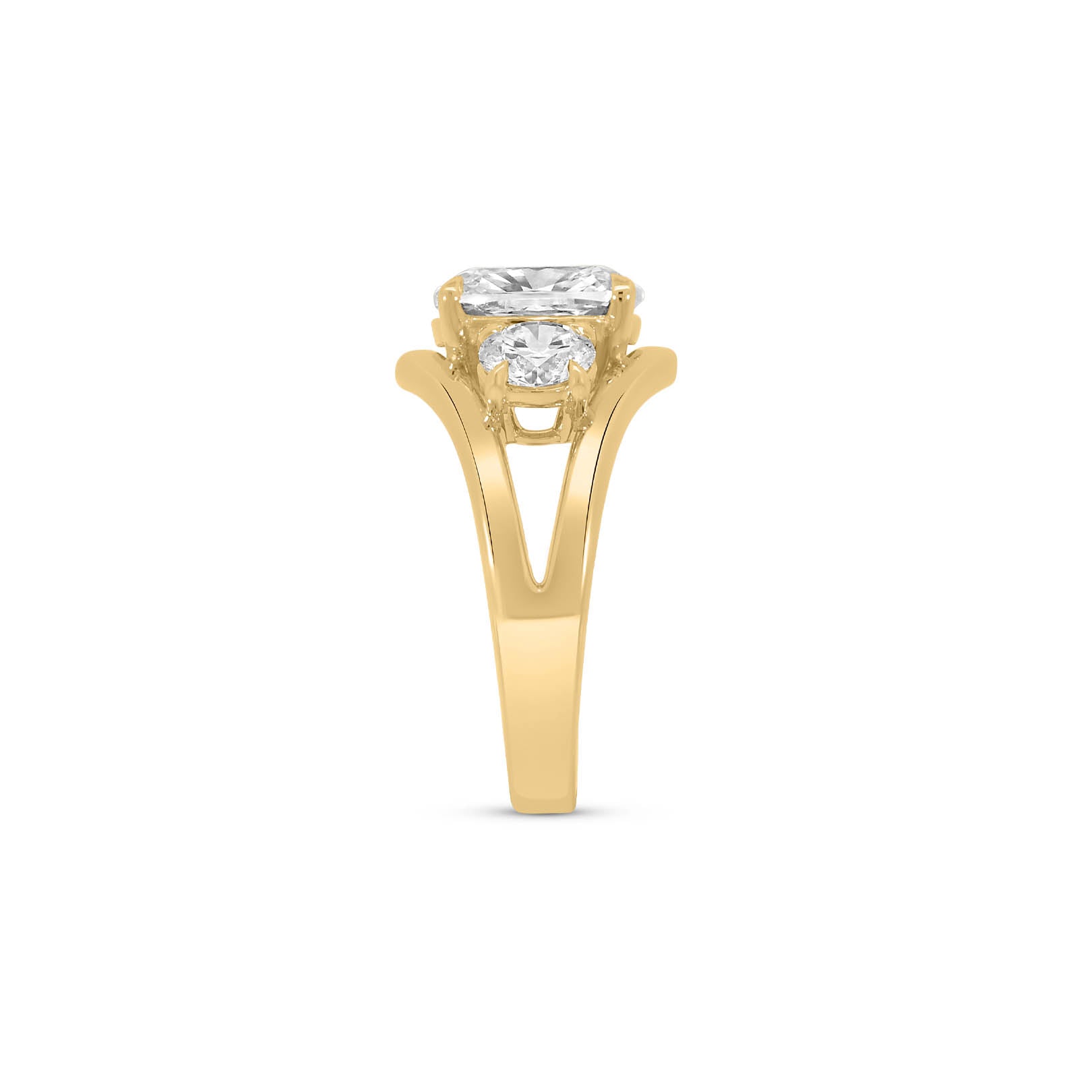 Three Stone Elongated Cushion Engagement Ring with 3.5 Carat Lab-grown Diamond in 14kt Yellow Gold