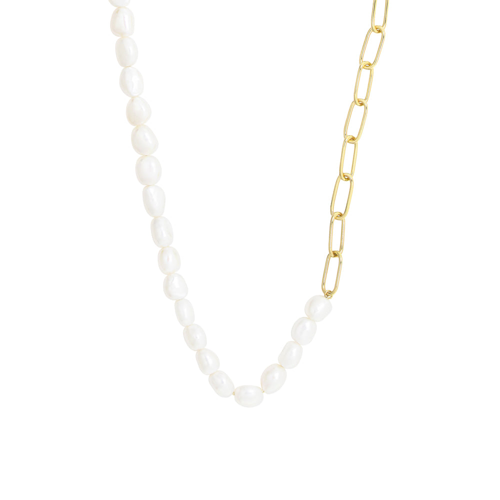 Paperclip Necklace with White Freshwater Pearl in Gold Plated Sterling Silver