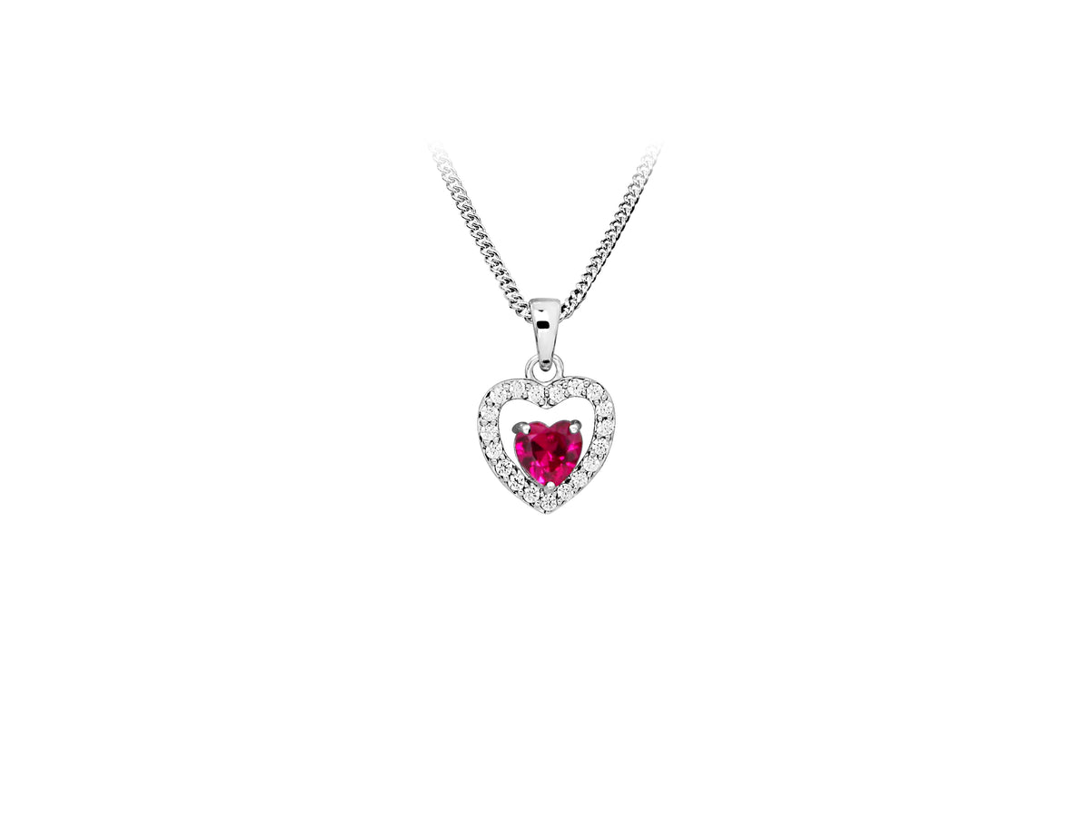 Heart Pendant with Created Ruby and Cubic Zirconia in Sterling Silver with Chain