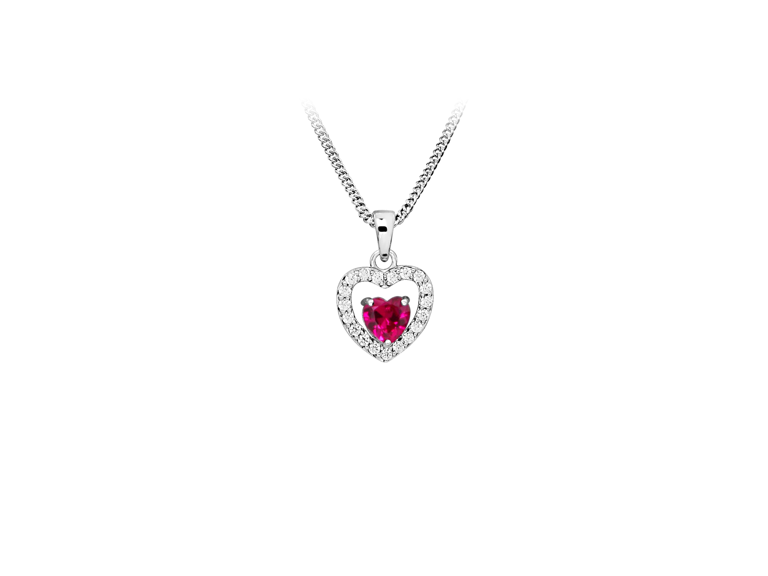 Heart Pendant with Created Ruby and Cubic Zirconia in Sterling Silver with Chain