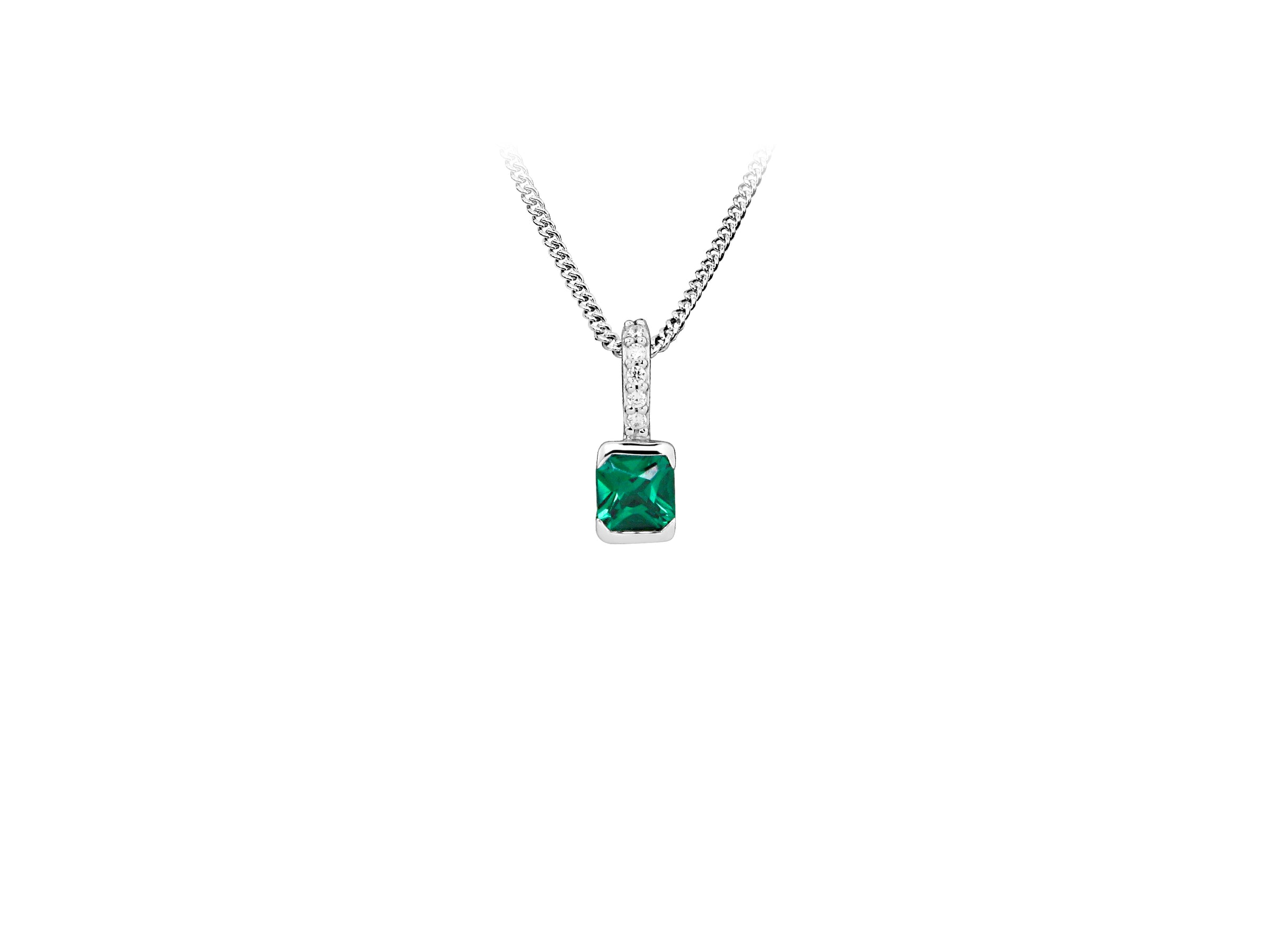 Pendant with Created Emerald and Cubic Zirconia in Sterling Silver with Chain