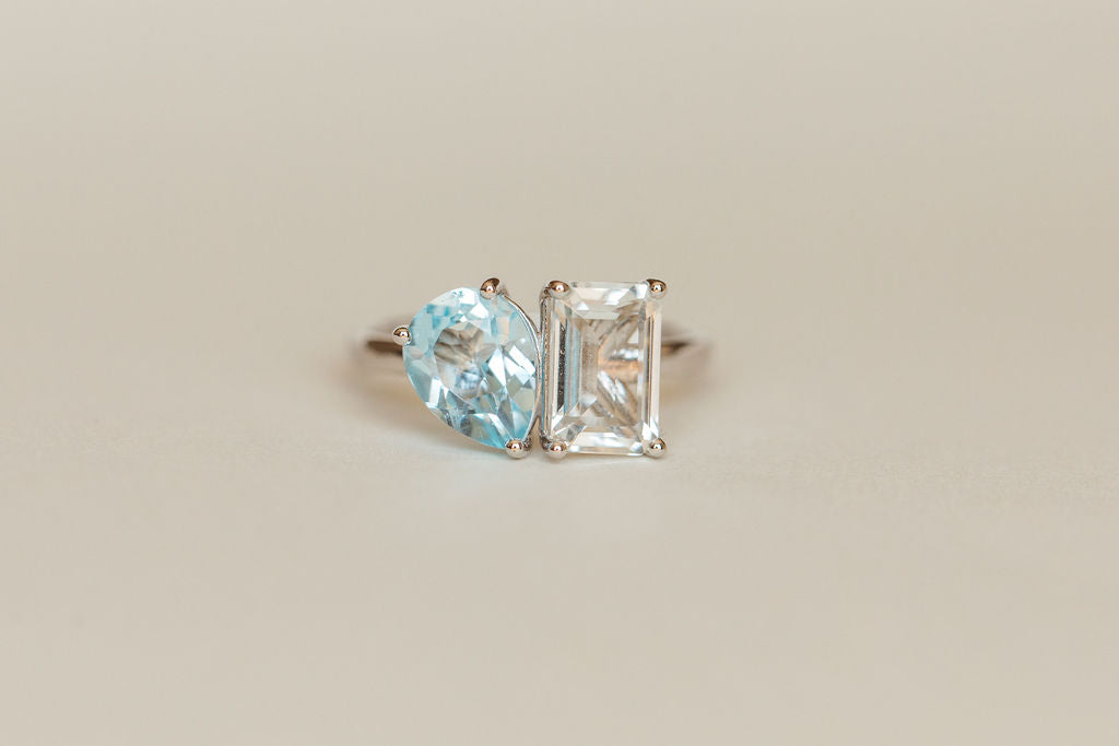 Toi et Moi Ring with White Topaz and Sky Blue Topaz in 14kt White Gold