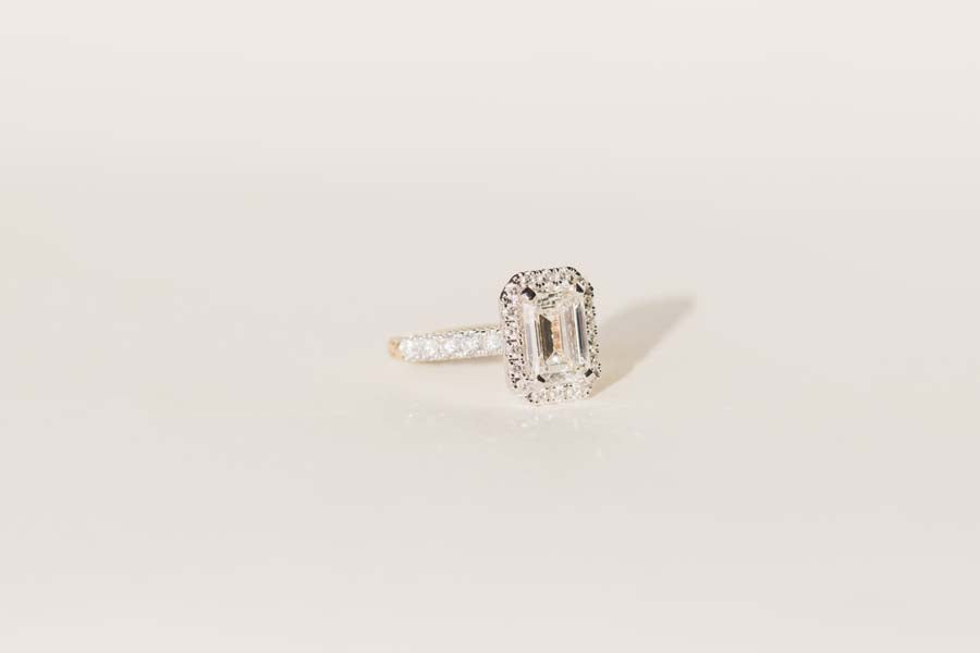 Emerald Cut Halo Engagement Ring with 3.95 Carat TW of Lab Created Diamonds in 14kt Yellow and White Gold