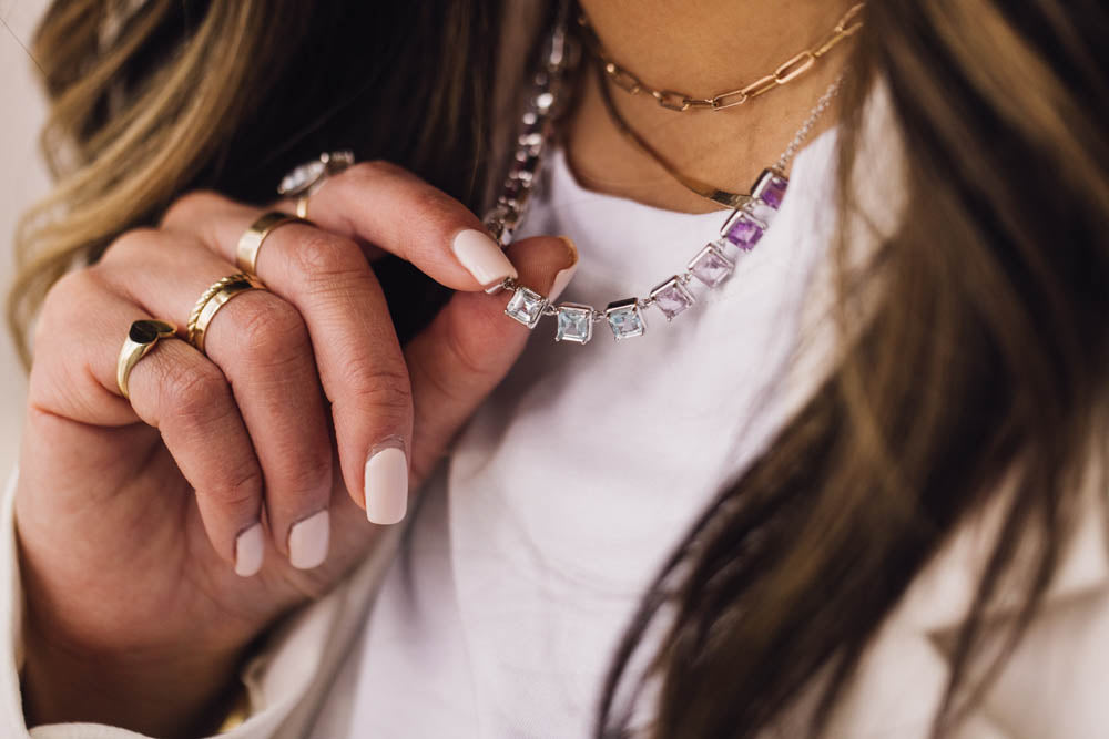 15"+2" 1980s Barbie Crystal Dream Necklace with Amethyst, Blue Topaz and Gemstones in Sterling Silver