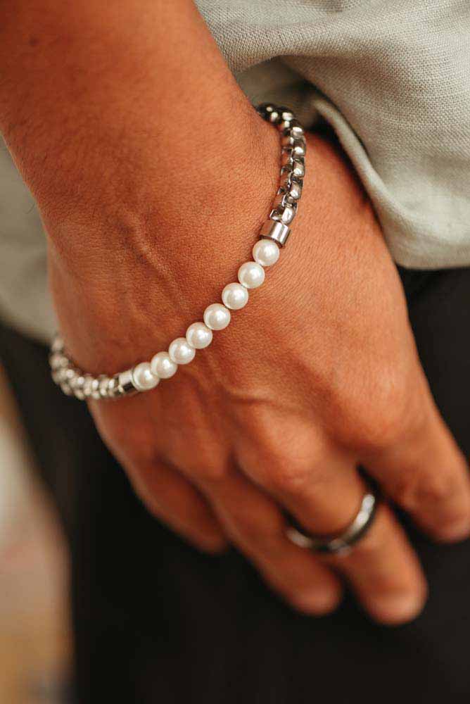 Men's Bracelet with 6MM White Synthetic Pearls in Stainless Steel