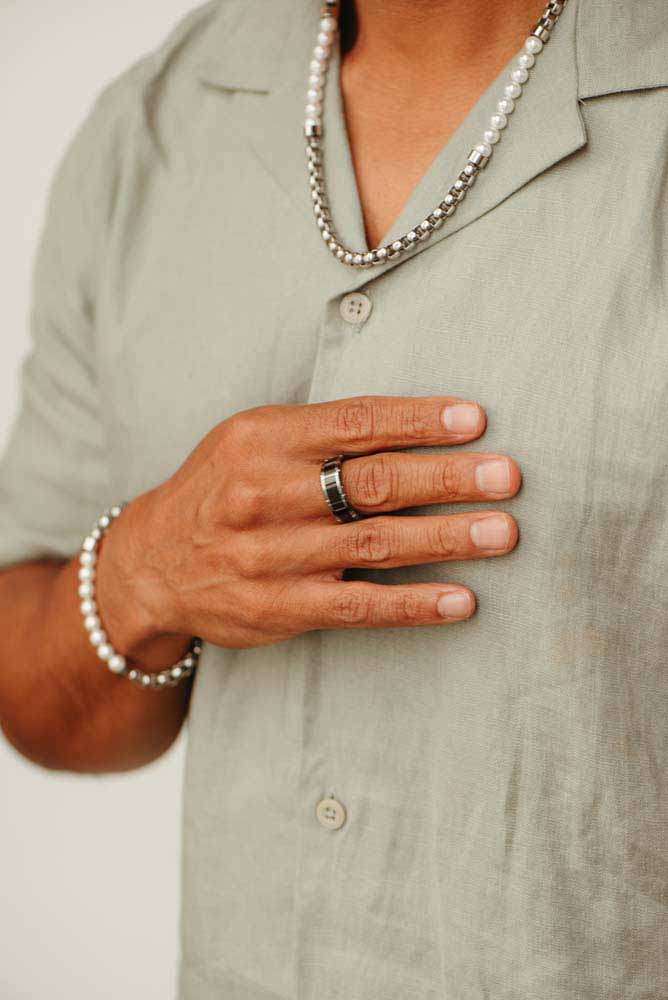Men's Necklace with 6MM White Synthetic Pearls in Stainless Steel