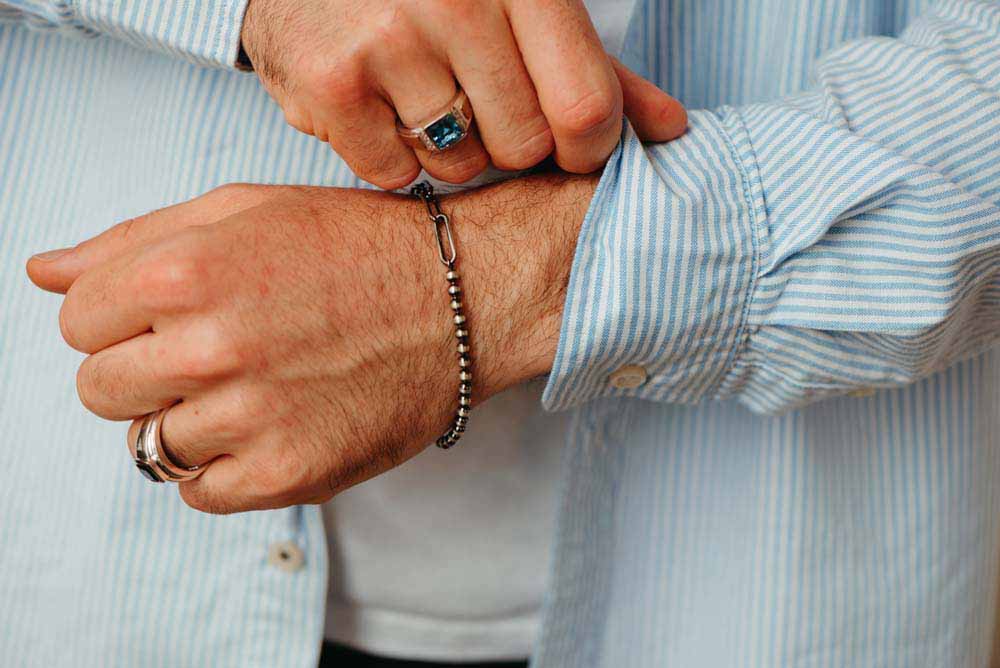 Men's Brushed Gunmetal Paperclip and Bead Bracelet in Sterling Silver