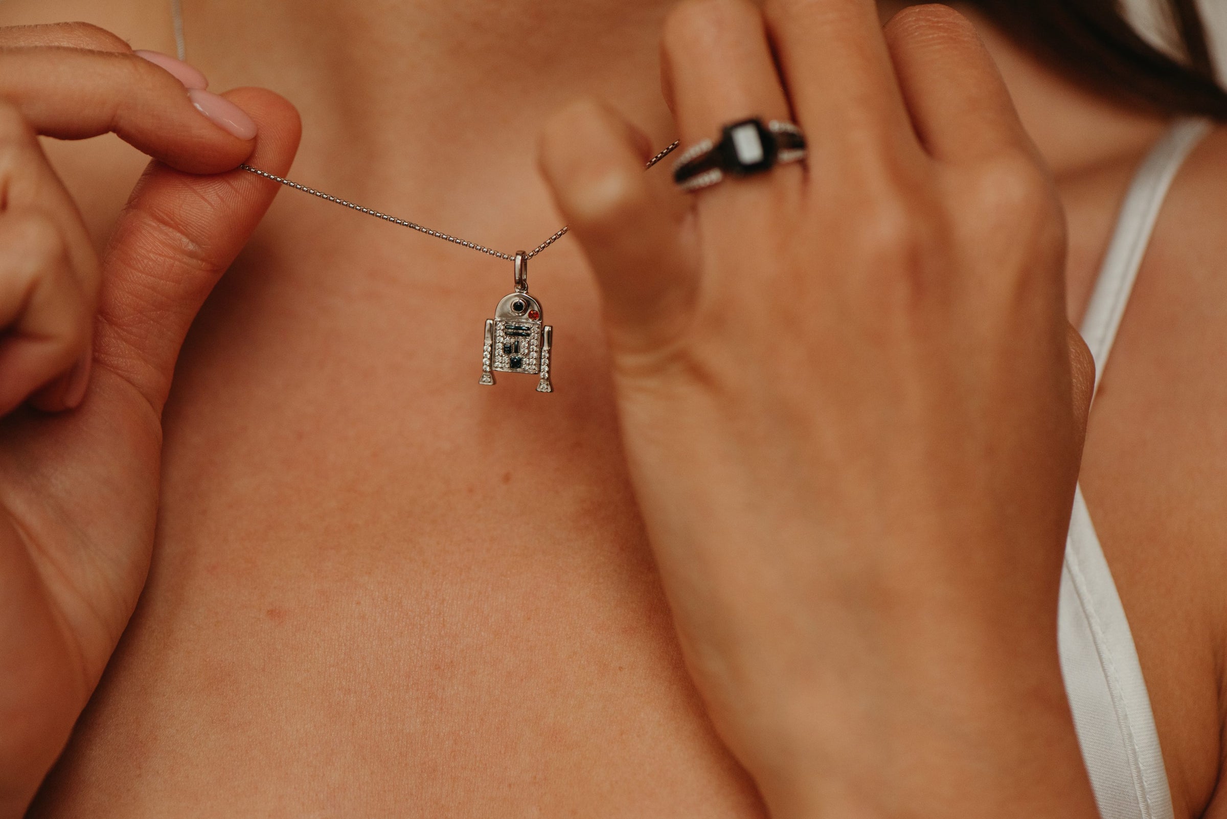 Star Wars R2-D2 Pendant with Blue Sapphire, Garnet and .14 Carat TW of Diamonds in Sterling Silver with Chain