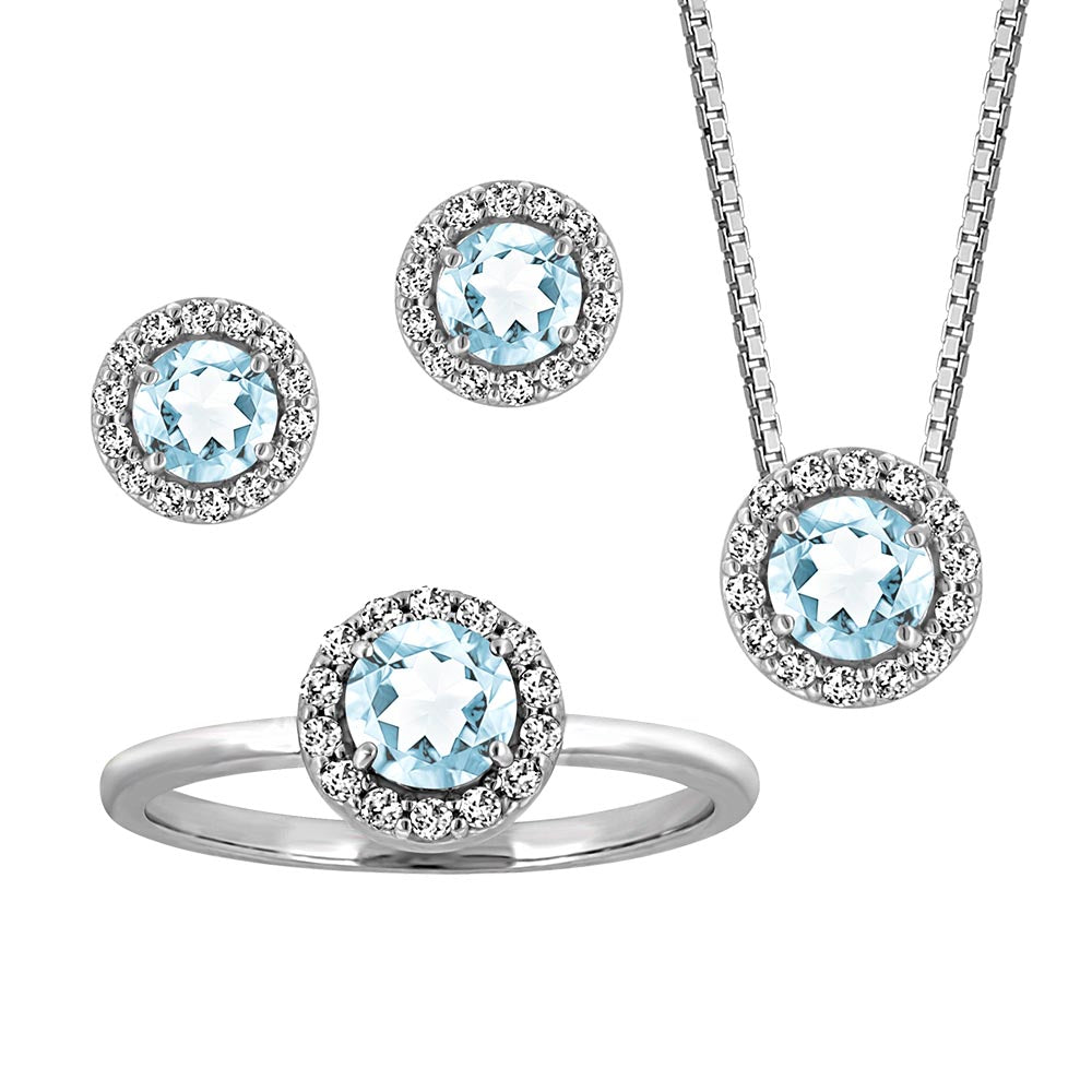 Birthstone Set Bundle with Genuine Aquamarine and Cubic Zirconia in Sterling Silver