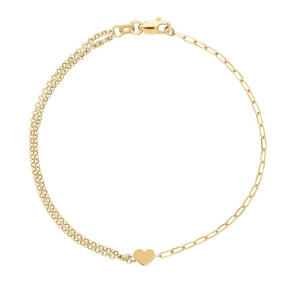 7.5″ Paperclip / Rolo Chain Mini Heart Bracelet in 10kt Yellow Gold