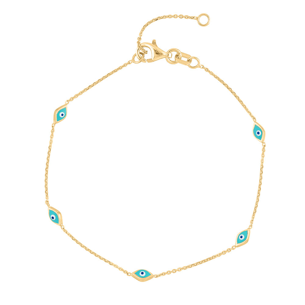 6+1" Evil Eye Bracelet with Turquoise Enamel in 10kt Yellow Gold