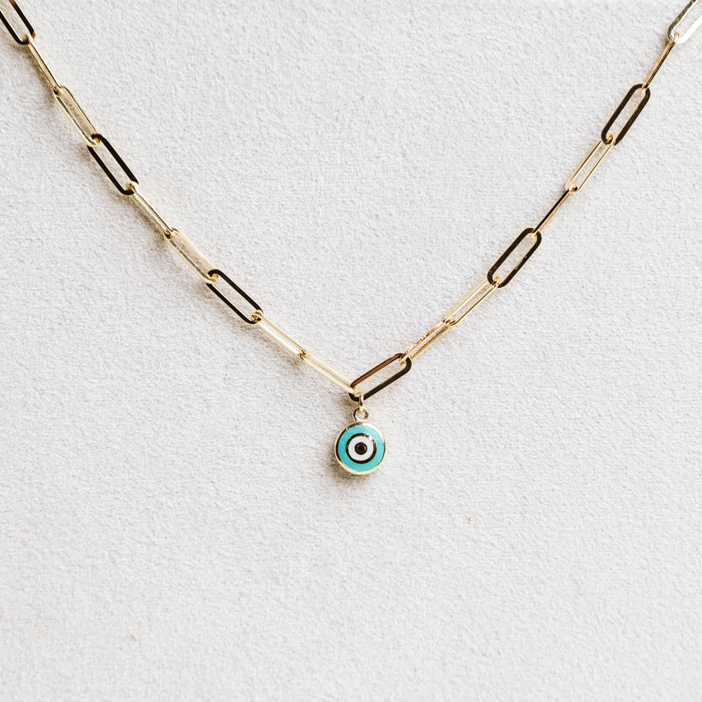 7" Double Strand Curb &amp; Paperclip Evil Eye Bracelet in10KT Yellow Gold