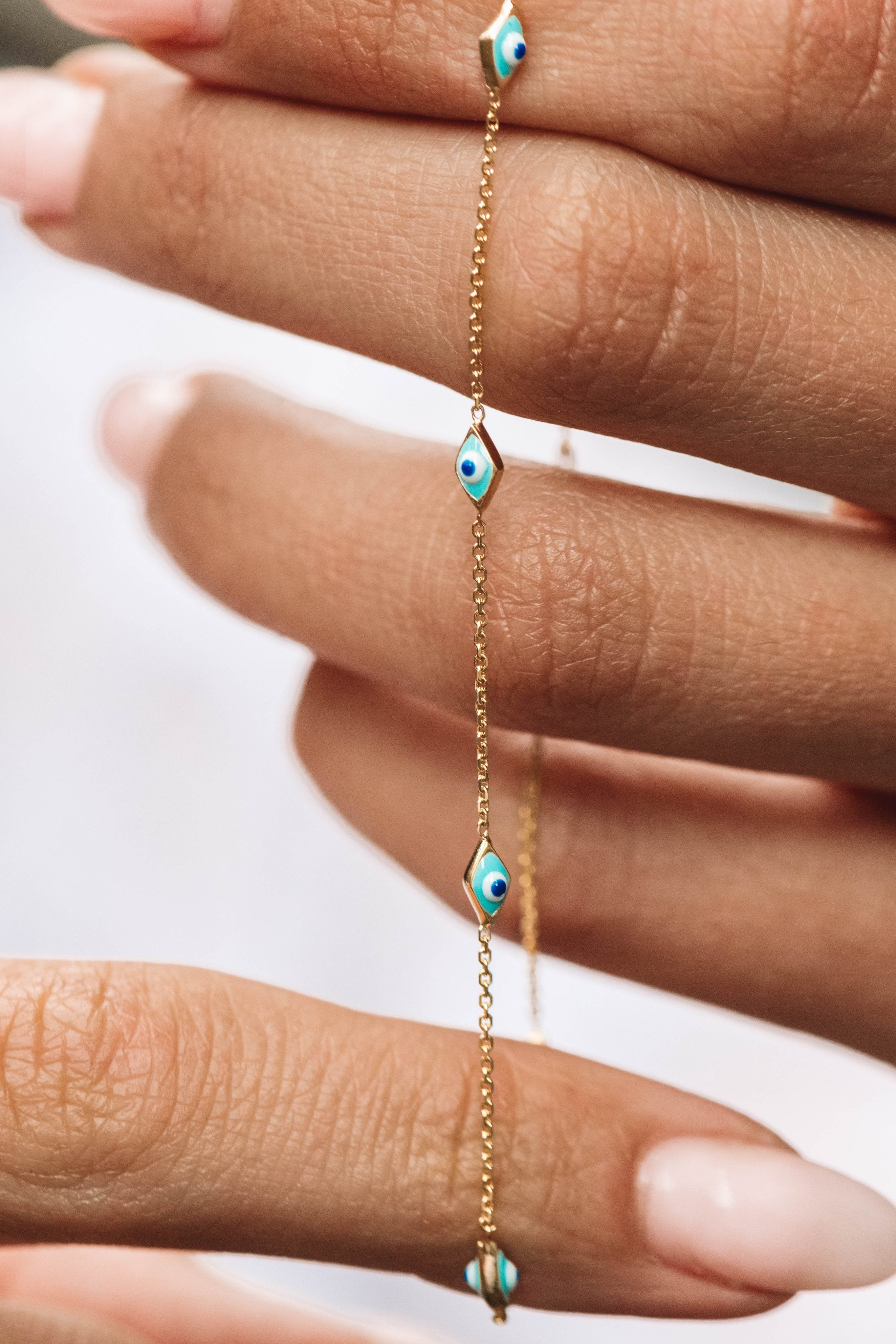 16"-18" Evil Eye Necklace with Turquoise Enamel in 10kt Yellow Gold