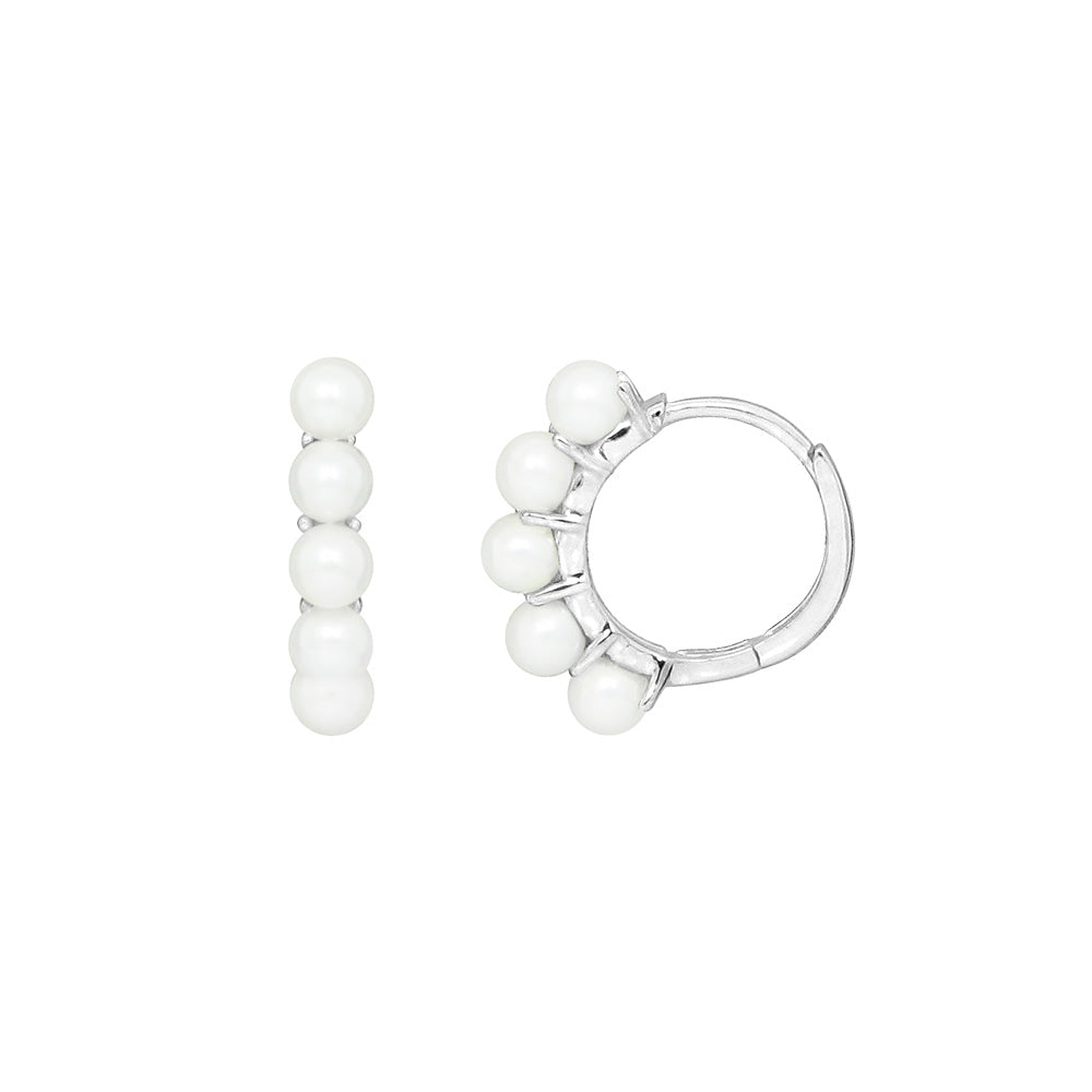 Huggie Hoop Earrings with White Freshwater Pearl in Sterling Silver