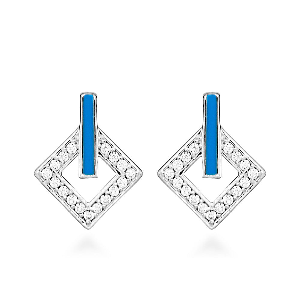 Earrings with Cubic Zirconia and Teal Enamel in Sterling Silver
