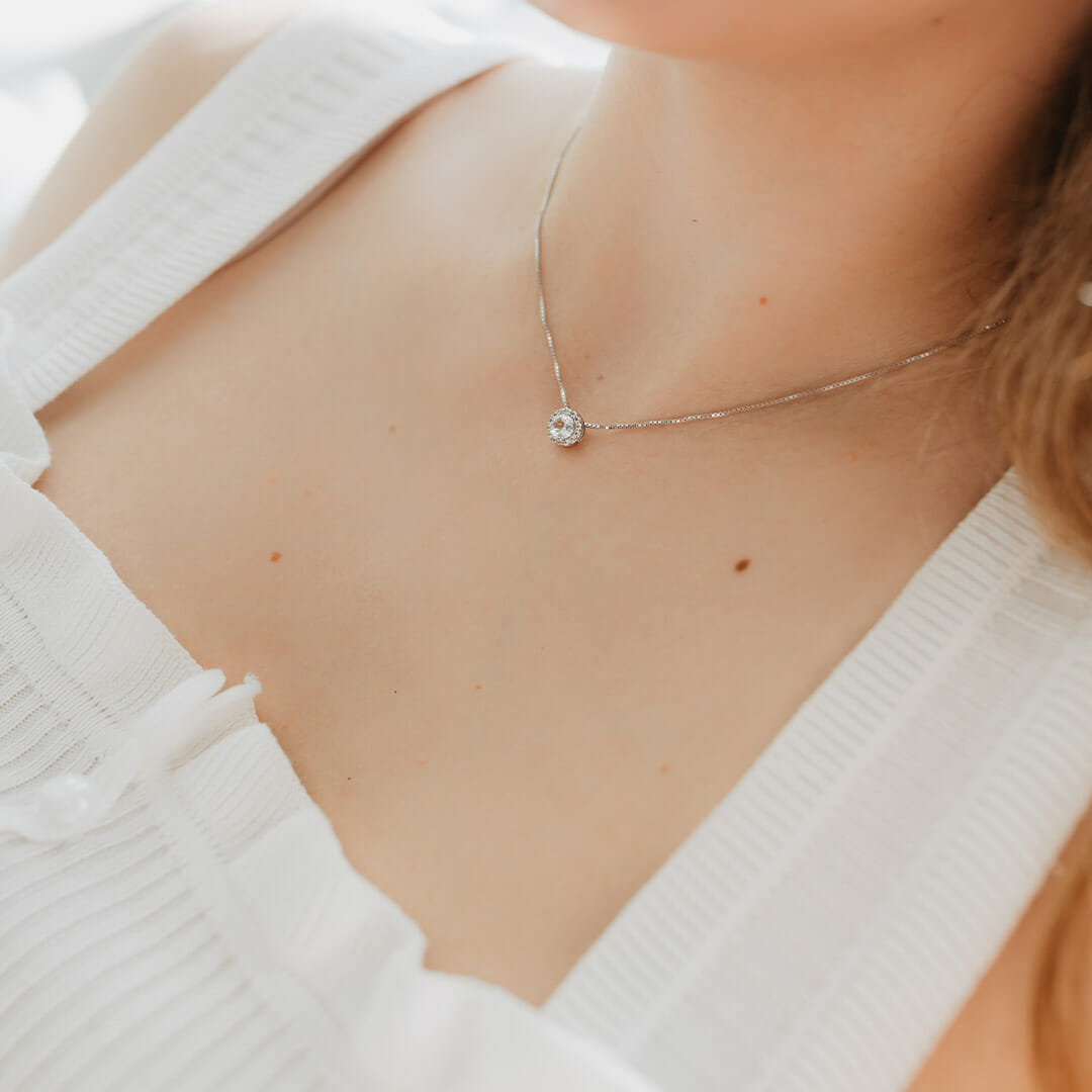 18" Pendant with Genuine White Topaz and Cubic Zirconia in Sterling Silver with Chain