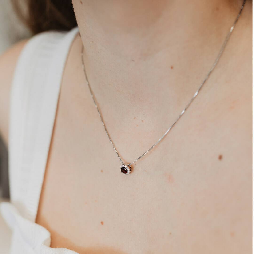 18" Pendant with Genuine Garnet and Cubic Zirconia in Sterling Silver with Chain