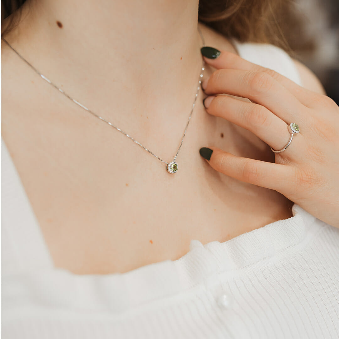 18" Pendant with Genuine Peridot and Cubic Zirconia in Sterling Silver with Chain