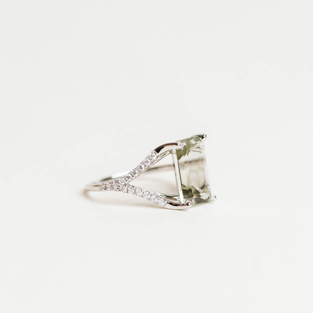 Emerald Cut Green Amethyst Ring in 14KT White Gold