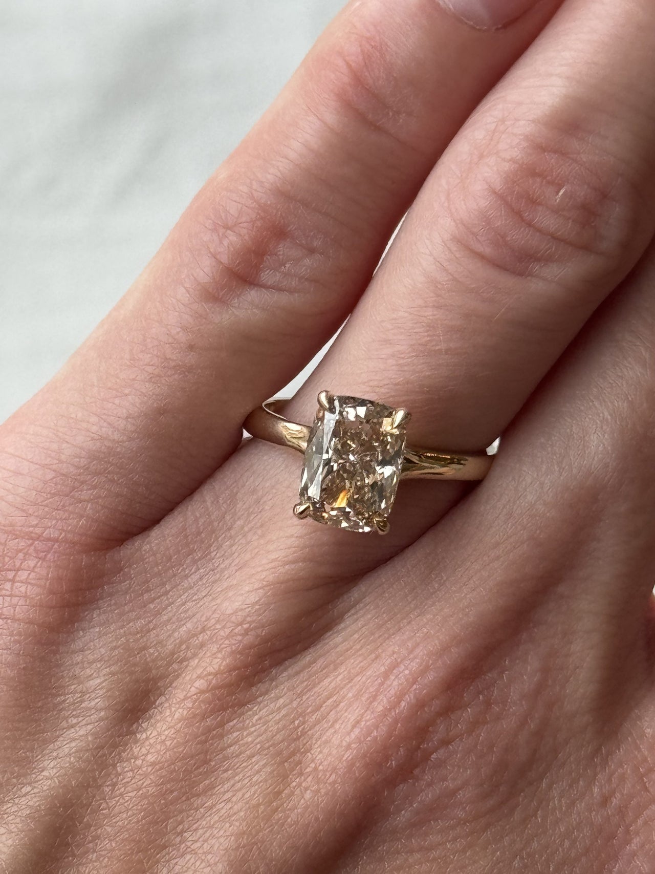 Elongated Cushion Cut Engagement Ring with 2.50 Carat Champagne Lab Created Diamond in 14kt Yellow Gold