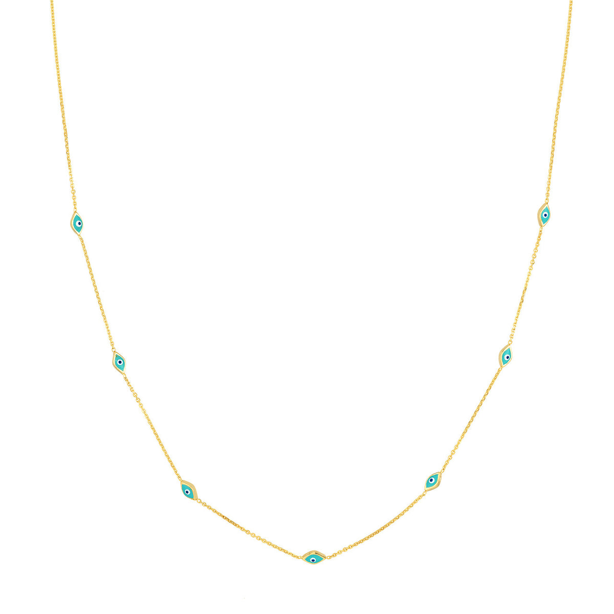 16"-18" Evil Eye Necklace with Turquoise Enamel in 10kt Yellow Gold