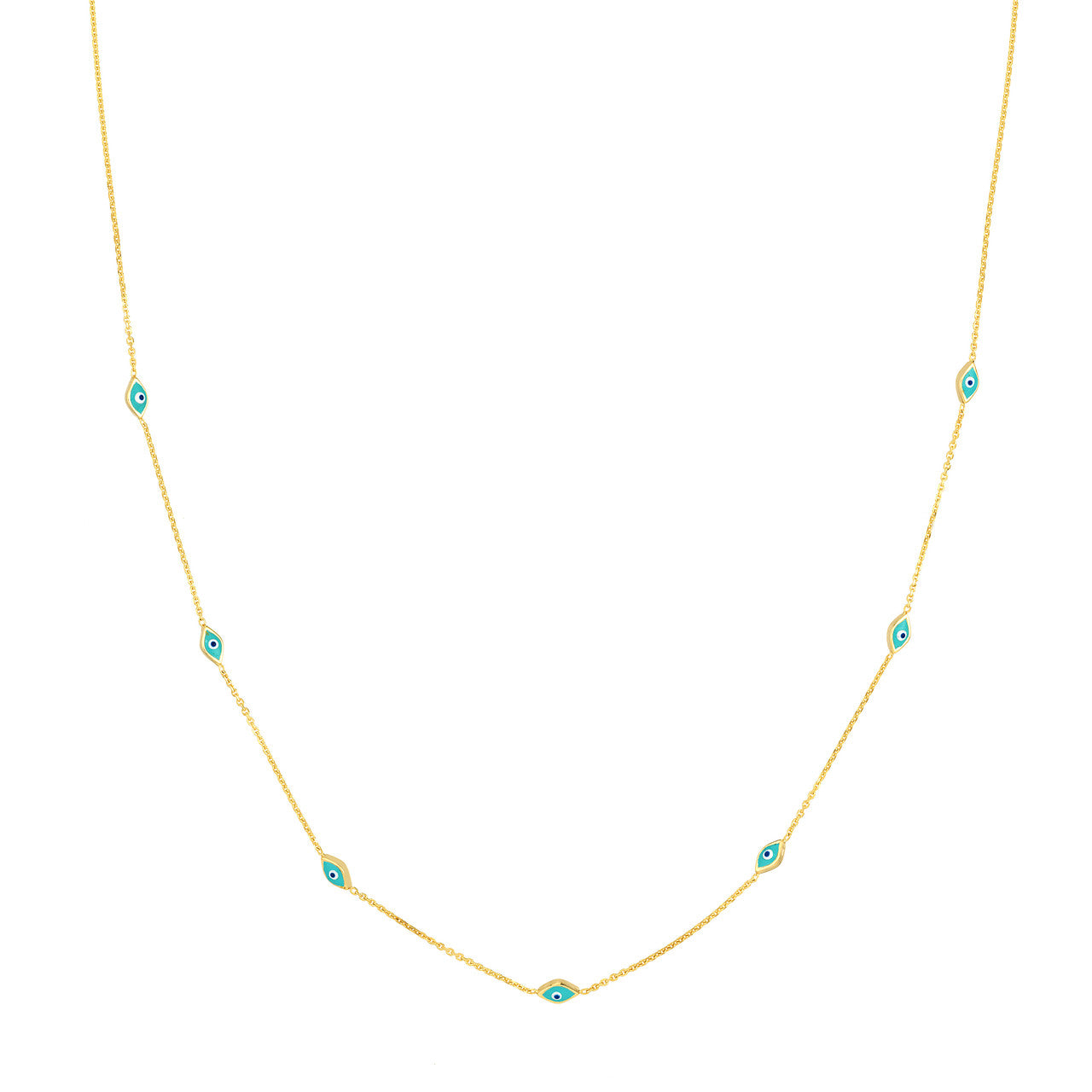16"-18" Evil Eye Necklace with Turquoise Enamel in 10kt Yellow Gold