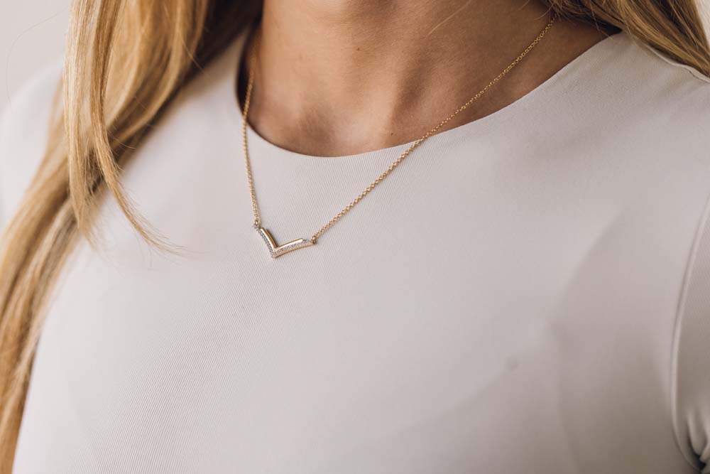 16.5"+1.5" Chevron Necklace with Cubic Zirconia in Gold Plated Sterling Silver