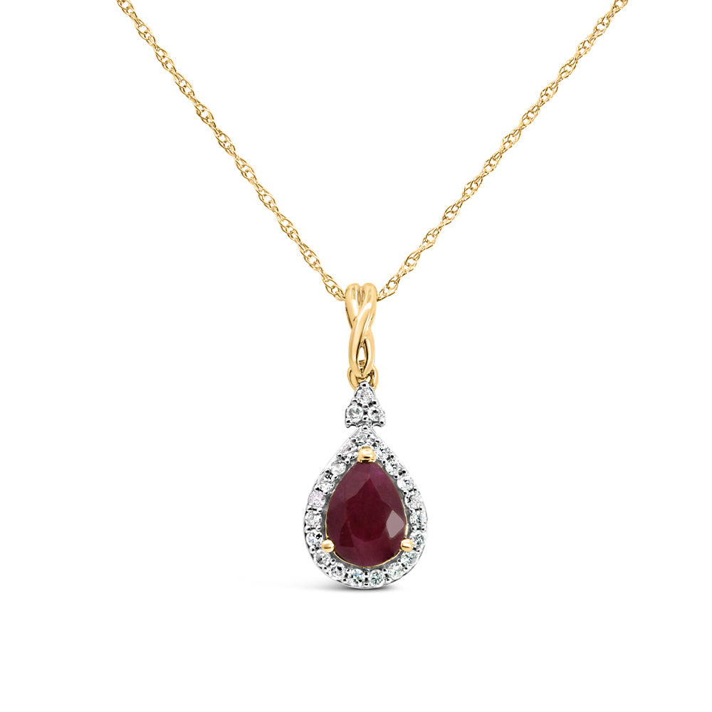 Halo Pendant with .13 Carat TW of Diamonds and 7x5MM Pear Shape Ruby in 10kt Yellow Gold with Chain