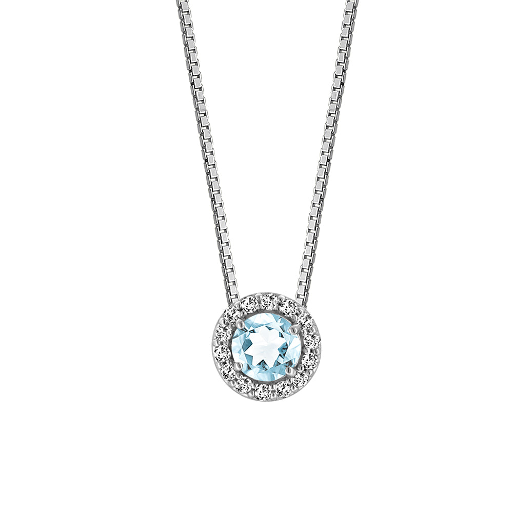 18" Pendant with Genuine Aquamarine and Cubic Zirconia in Sterling Silver with Chain