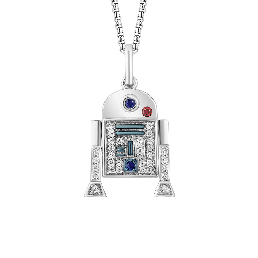 Star Wars R2-D2 Pendant with Blue Sapphire, Garnet and .14 Carat TW of Diamonds in Sterling Silver with Chain