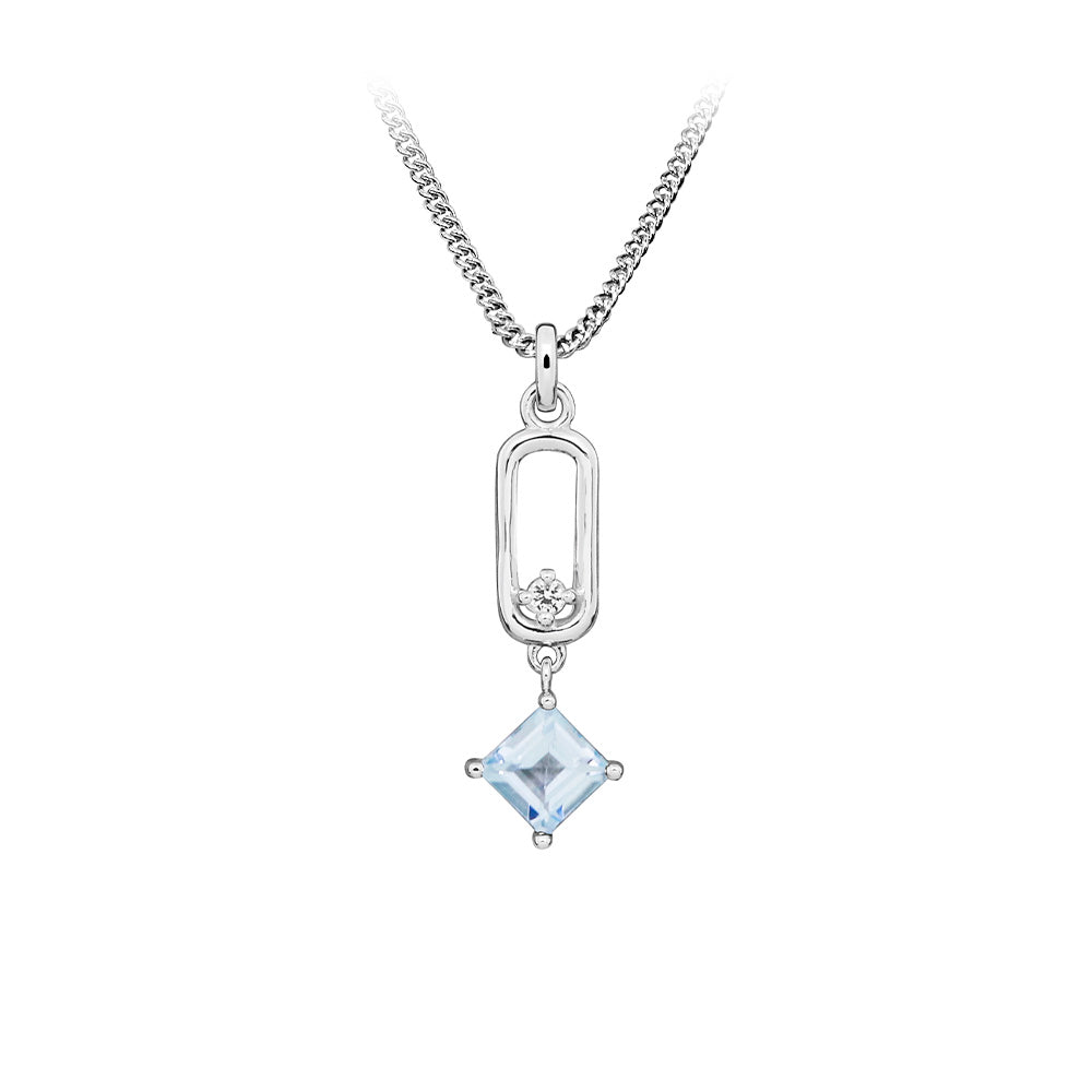 Pendant with Princess Cut Blue Topaz in Sterling Silver with Chain