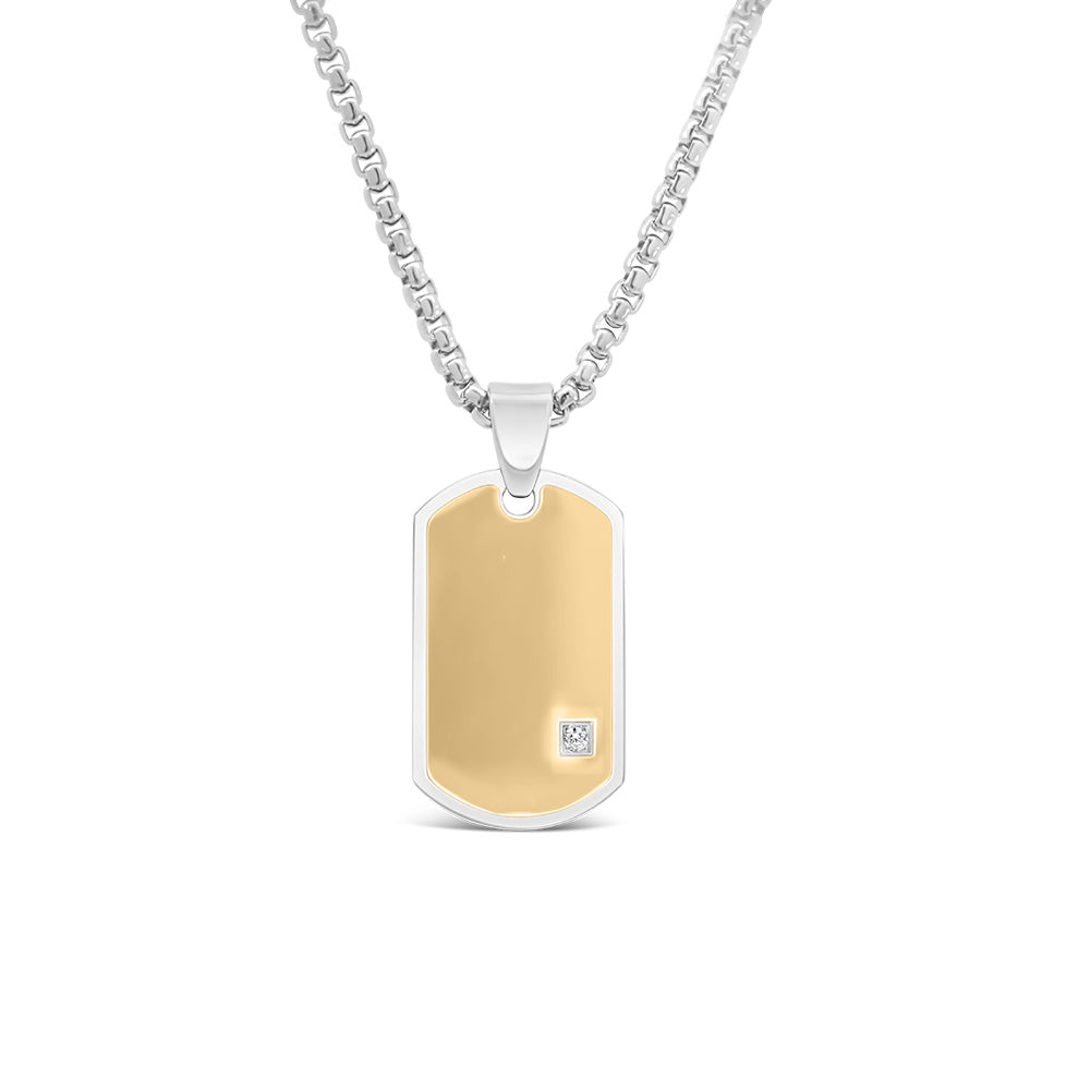 Dog Tag Pendant with Cubic Zirconia in Silver and Gold Tone Stainless Steel with 22" Chain