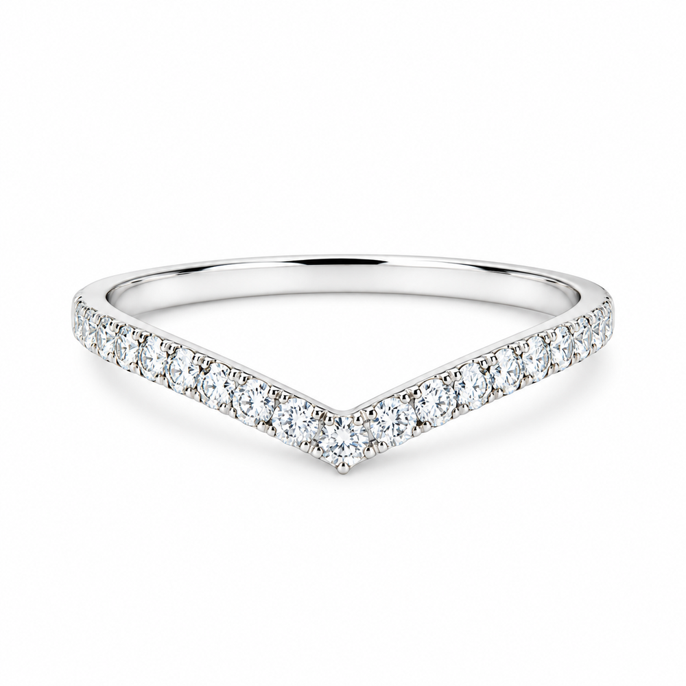 A Gold V-shaped diamond ring with pavé-set round diamonds on a clean white background.