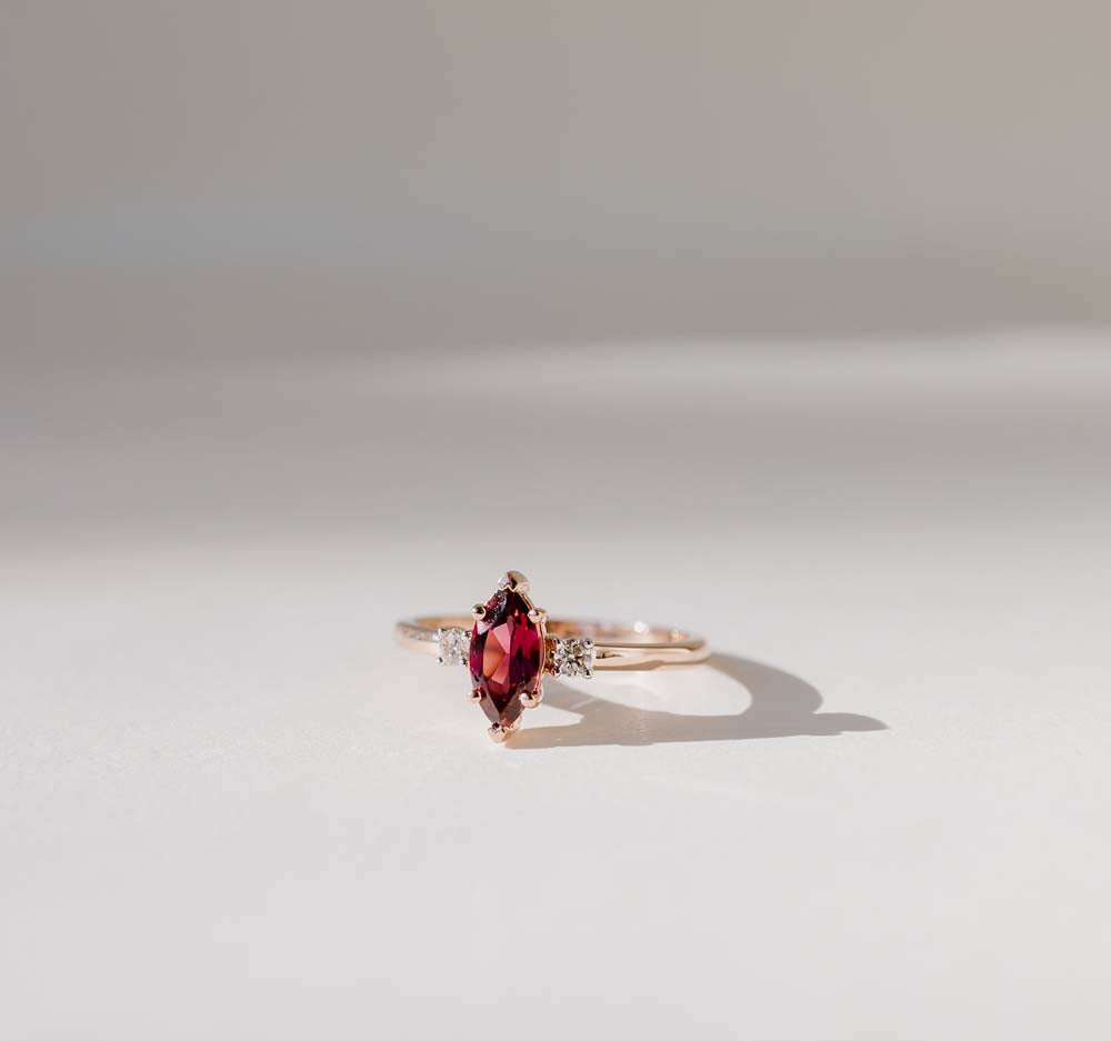 Marquise Rhodolite Garnet and Diamonds ring in 14kt Rose Gold