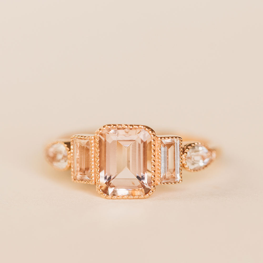 Emerald Cut Morganite and White Topaz Ring